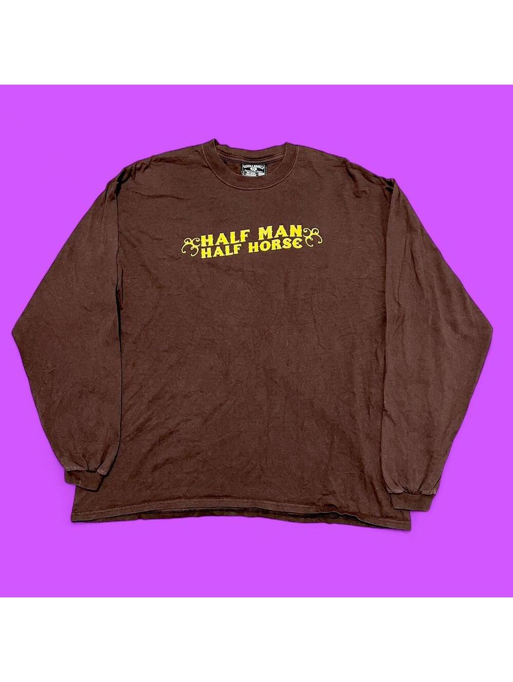 2000s Brown Steve and Barry’s long sleeve tee with yellow "Half Man Half Horse"